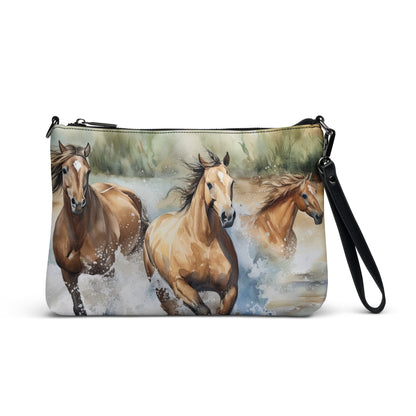 Wild Horses Running Through Creek Watercolor Art Crossbody bag