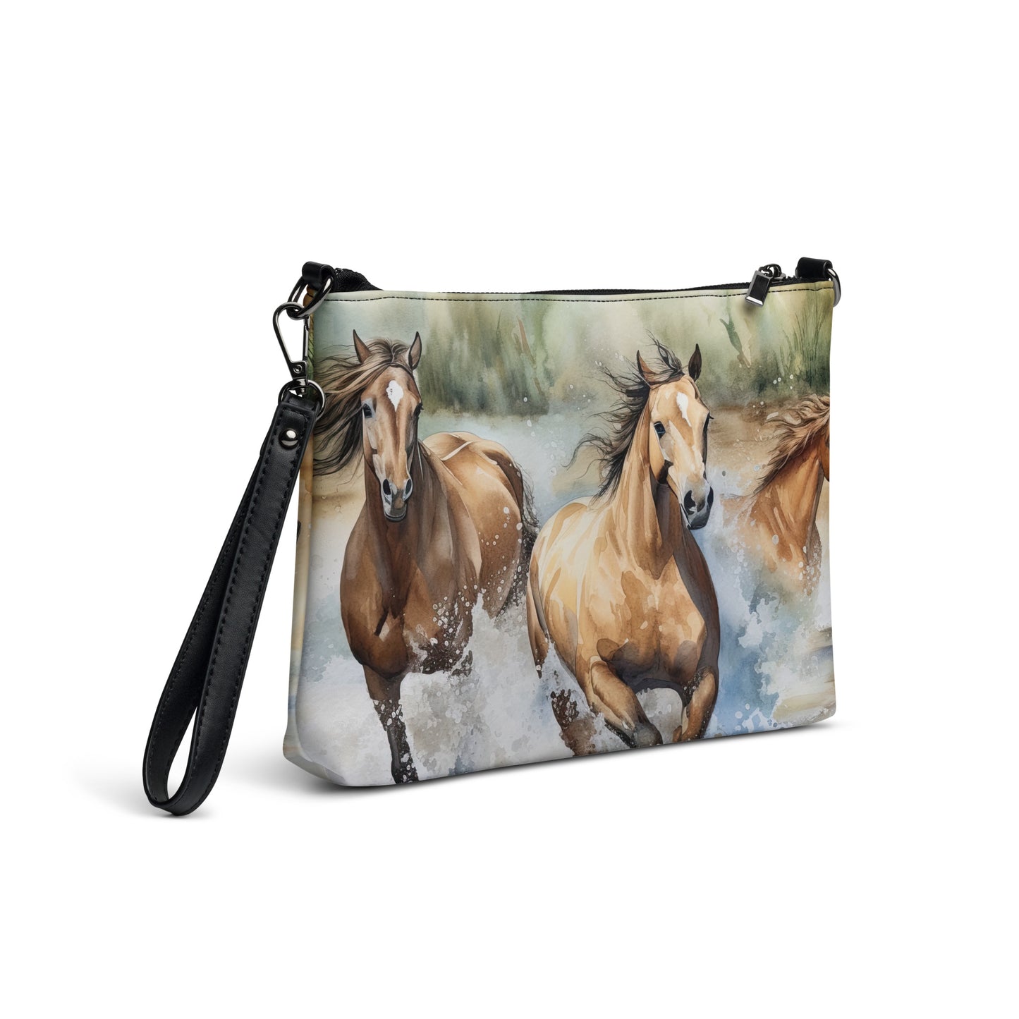 Wild Horses Running Through Creek Watercolor Art Crossbody bag