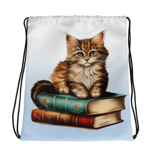 Vintage Style Cat and Books Watercolor Art Drawstring bag