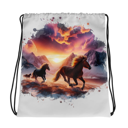 Wild Horses Running Through Snowy Mountains Drawstring Bag