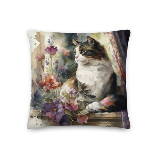 Cat with Flowers Watercolor Art Premium Pillow