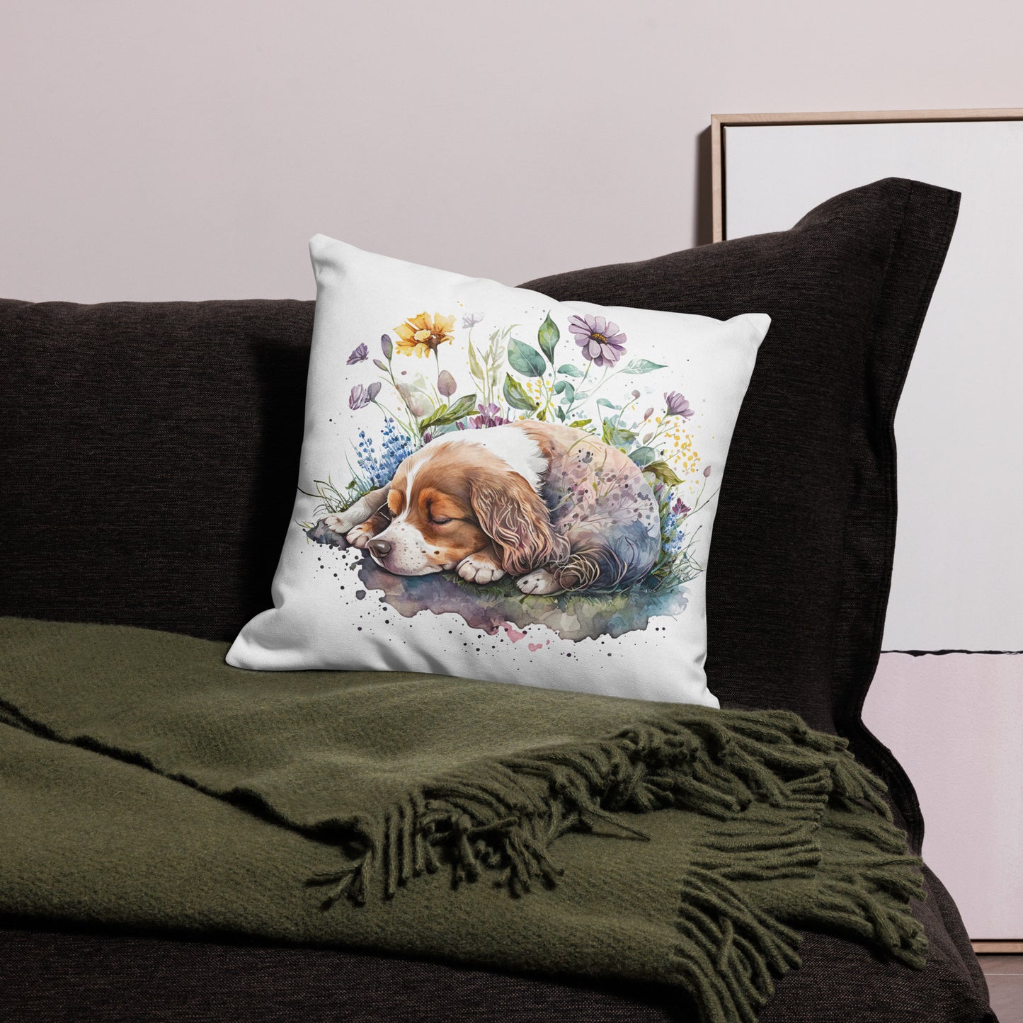 Sleeping Dog in Flowers Watercolor Art Premium Pillow