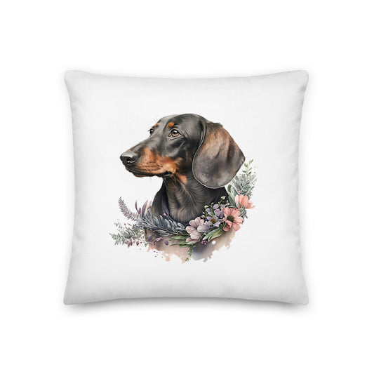 Floral Dachshund Dog Portrait Watercolor Art Premium Pillow