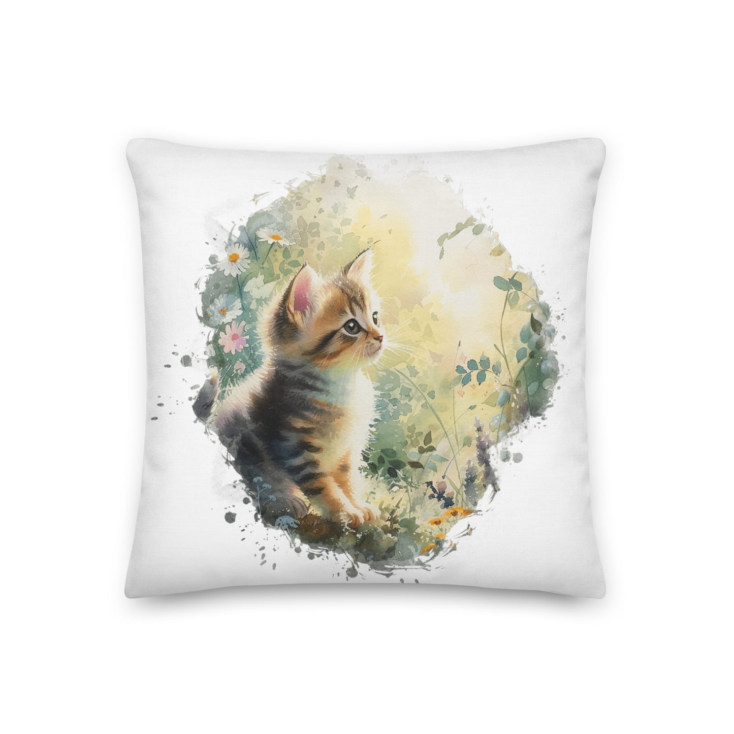 Springtime Playful Cat Kitten Watercolor Art Premium Pillow