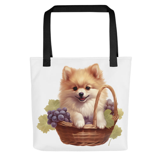 Pomeranian Puppy Dog in Fruit Basket Watercolor Art Tote bag
