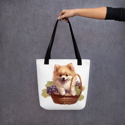 Pomeranian Puppy Dog in Fruit Basket Watercolor Art Tote bag