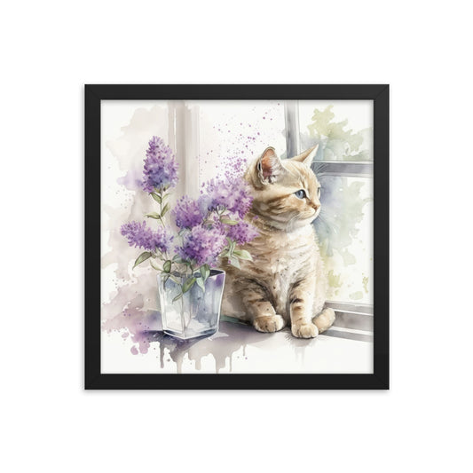 Floral Kitten Cat Watercolor Art Framed poster
