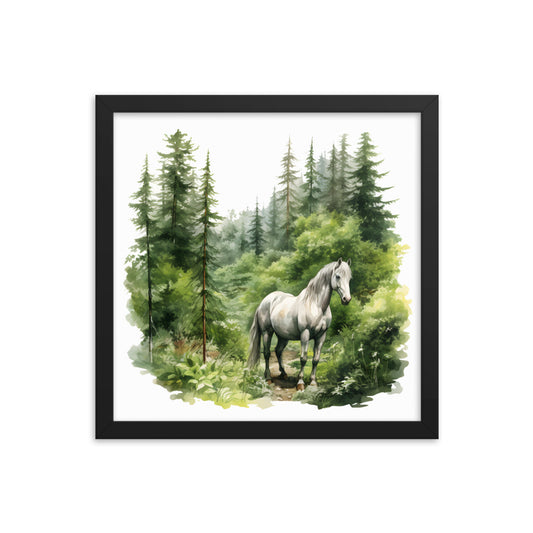 Horse in Pine Forest Watercolor Art Framed poster