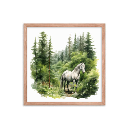Horse in Pine Forest Watercolor Art Framed poster