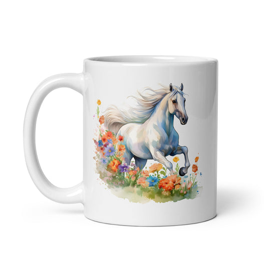 White Horse in Flowers Watercolor Art glossy mug