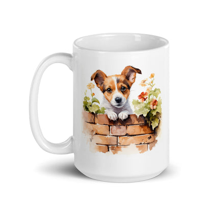 Peeking Jack Russell Terrier Dog Watercolor Art White glossy mug