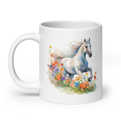White Horse in Flowers Watercolor Art glossy mug