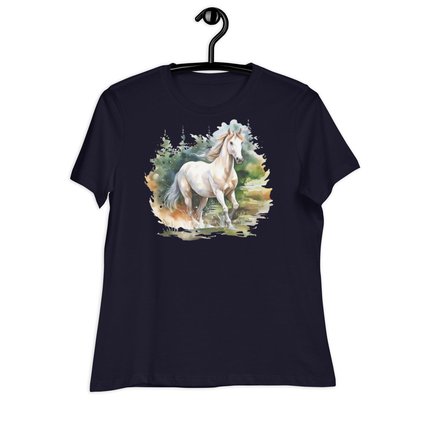 Wild Gray Horse in Woods Watercolor Art Women's Relaxed T-Shirt