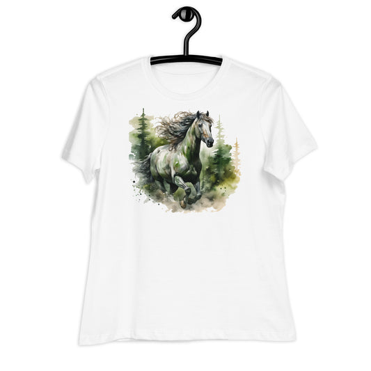 Horse in Pine Forest Watercolor Art Women's Relaxed T-Shirt
