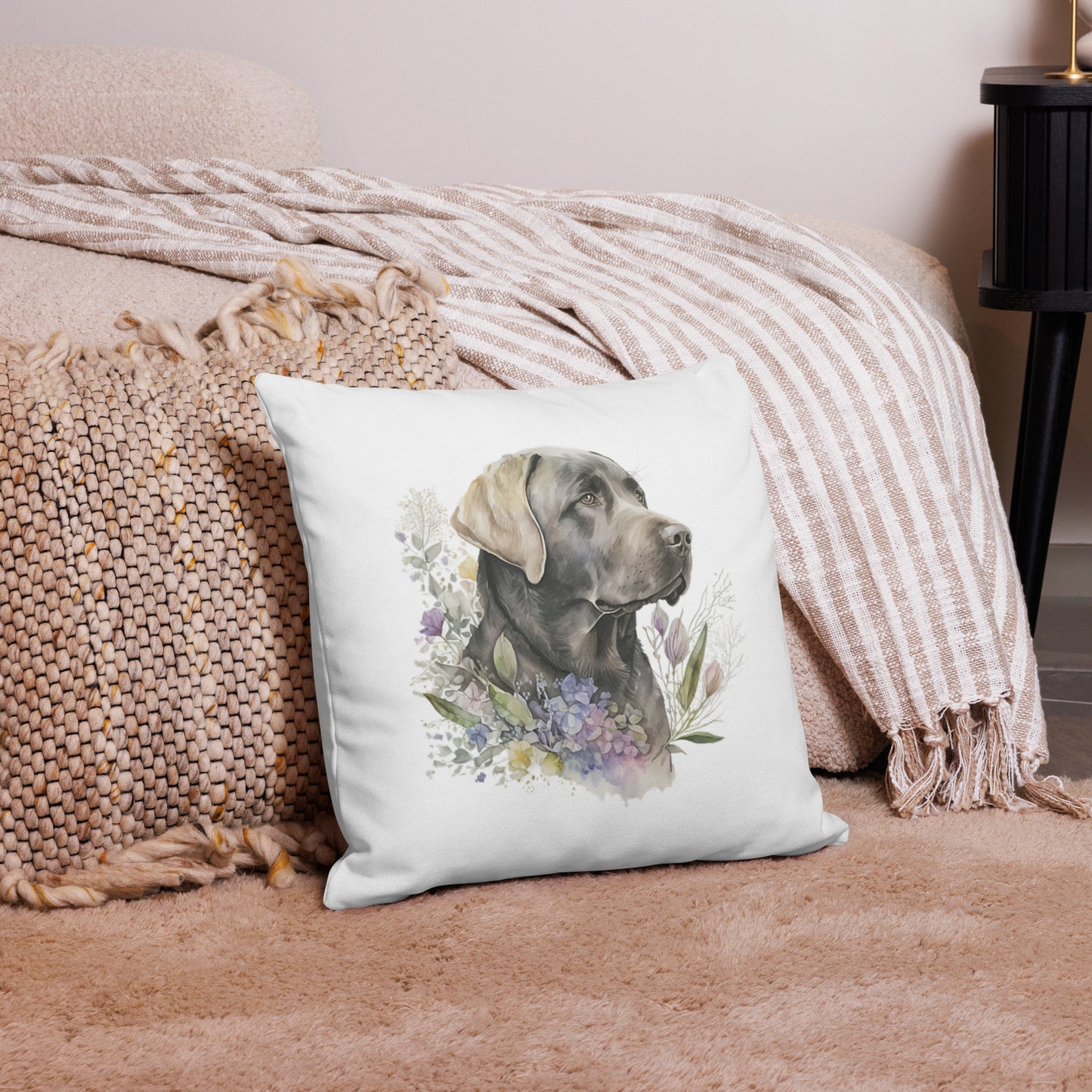 Floral Chocolate Labrador Retriever Dog Watercolor Art Premium Pillow