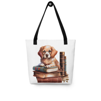 Dog on Books Watercolor Art Tote bag