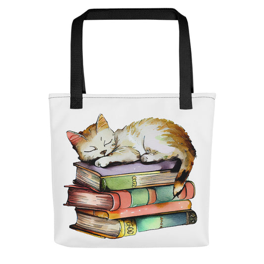 Cat on Books Watercolor Art Tote bag