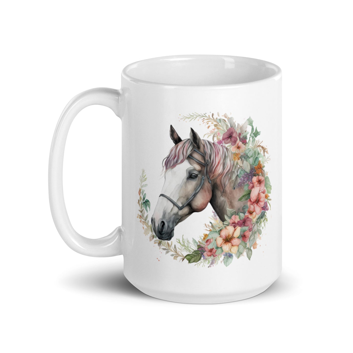 Floral Horse Portrait Watercolor Art White glossy mug
