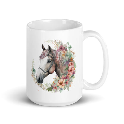 Floral Horse Portrait Watercolor Art White glossy mug